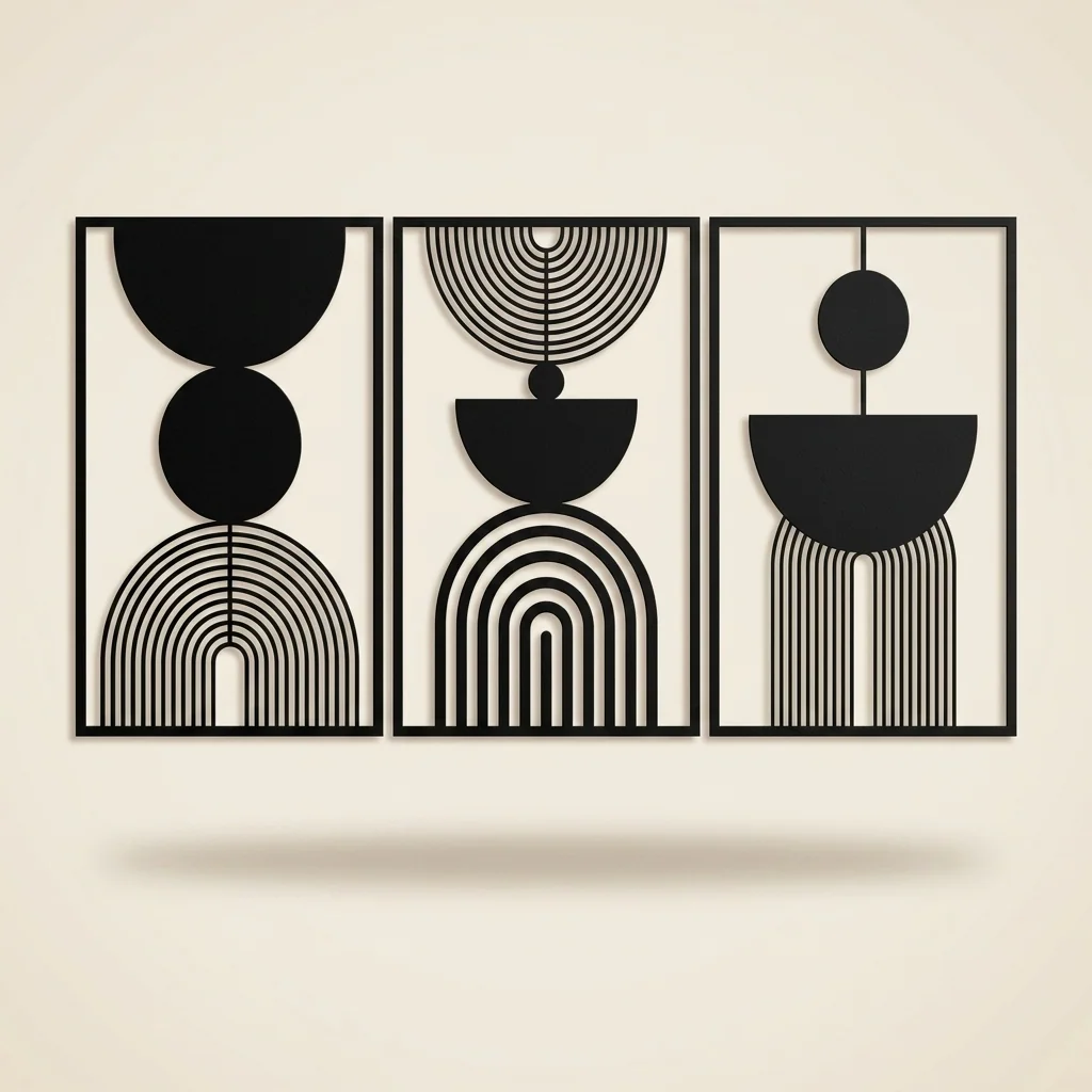 Tríptico arte abstracto geométrico boho en madera negra