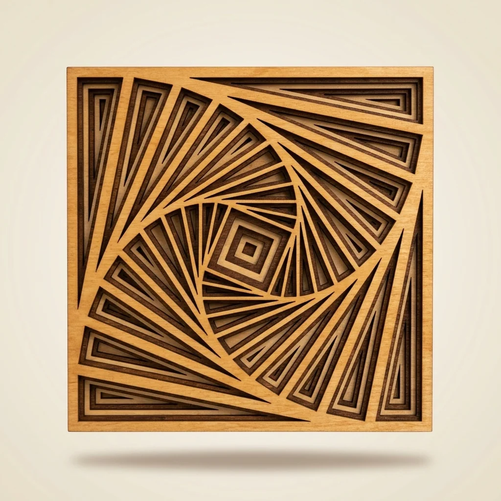 Cuadro espiral cuadrada hipnótica multicapa en madera