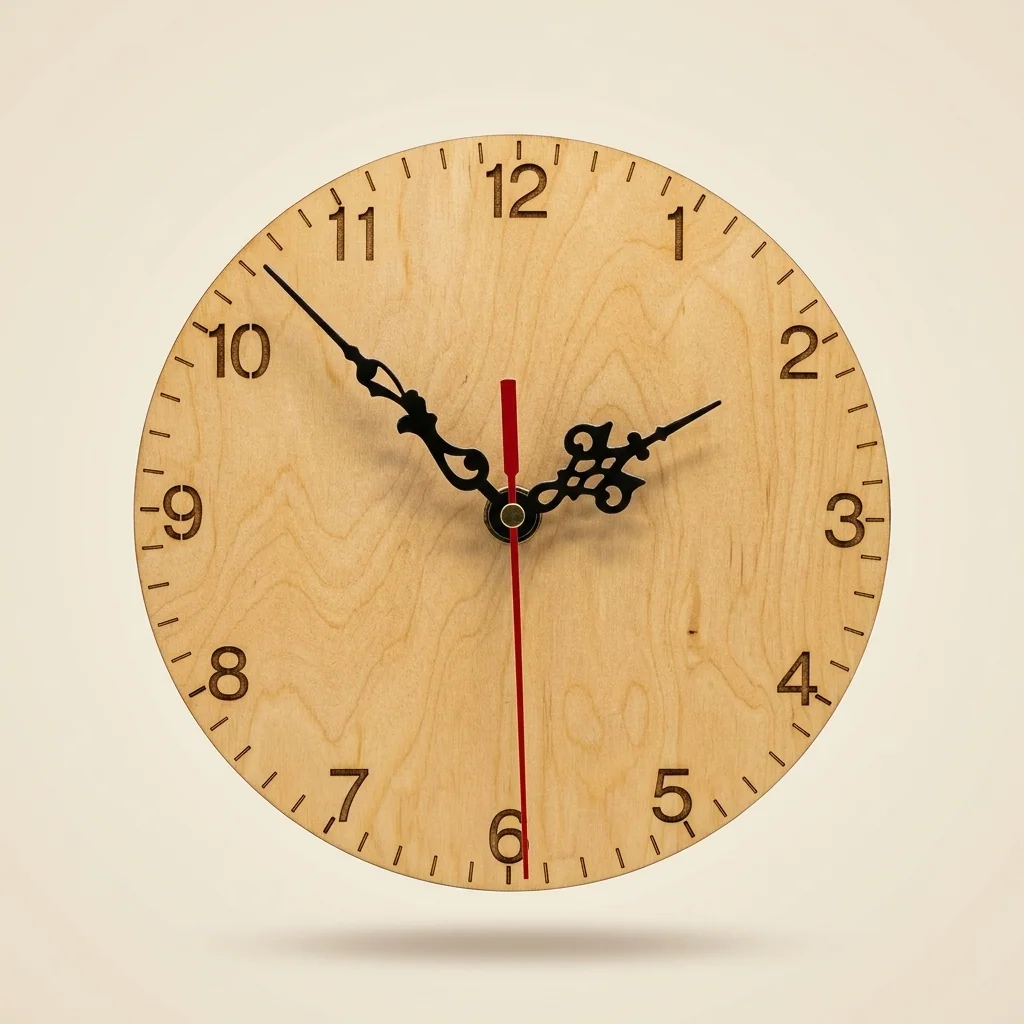 Reloj de pared en madera natural con números arábigos