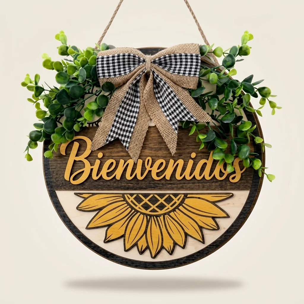 Corona de bienvenida con girasol para puerta
